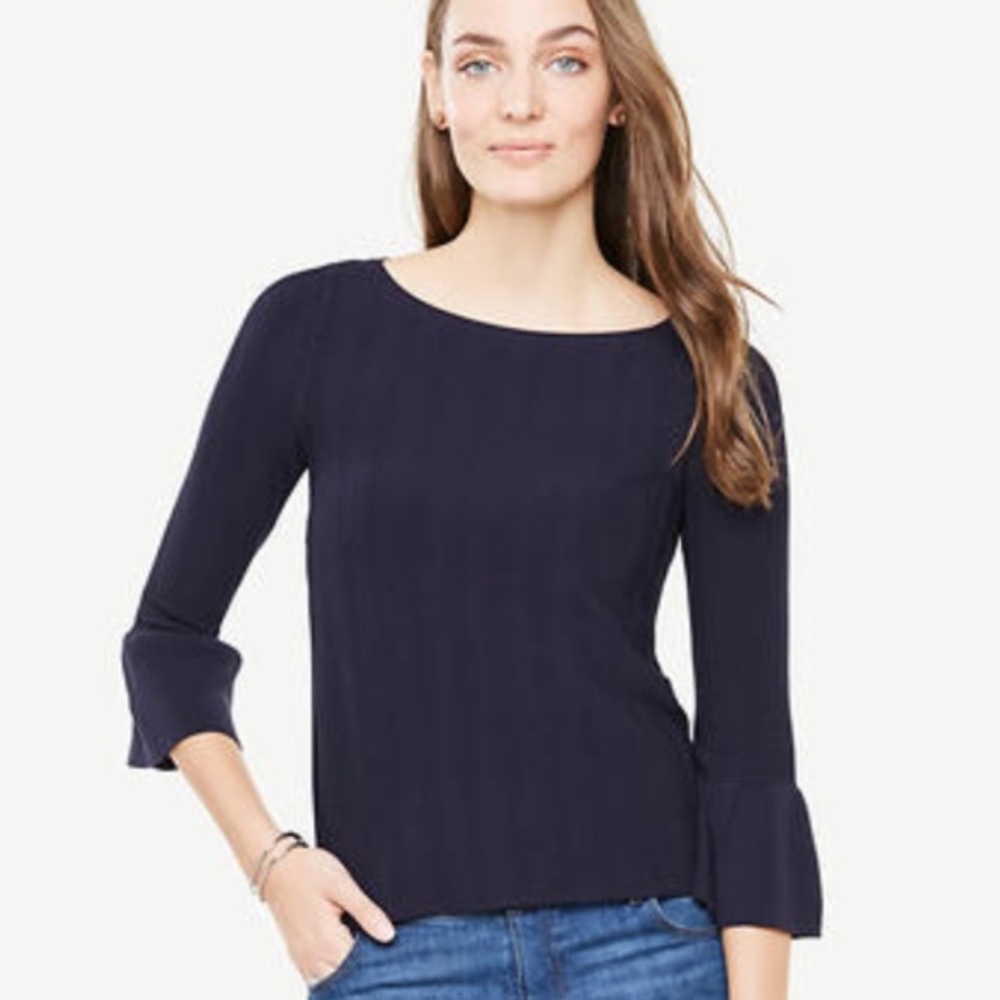 Ann Taylor Textured Ruffle Cuff Sweater Navy